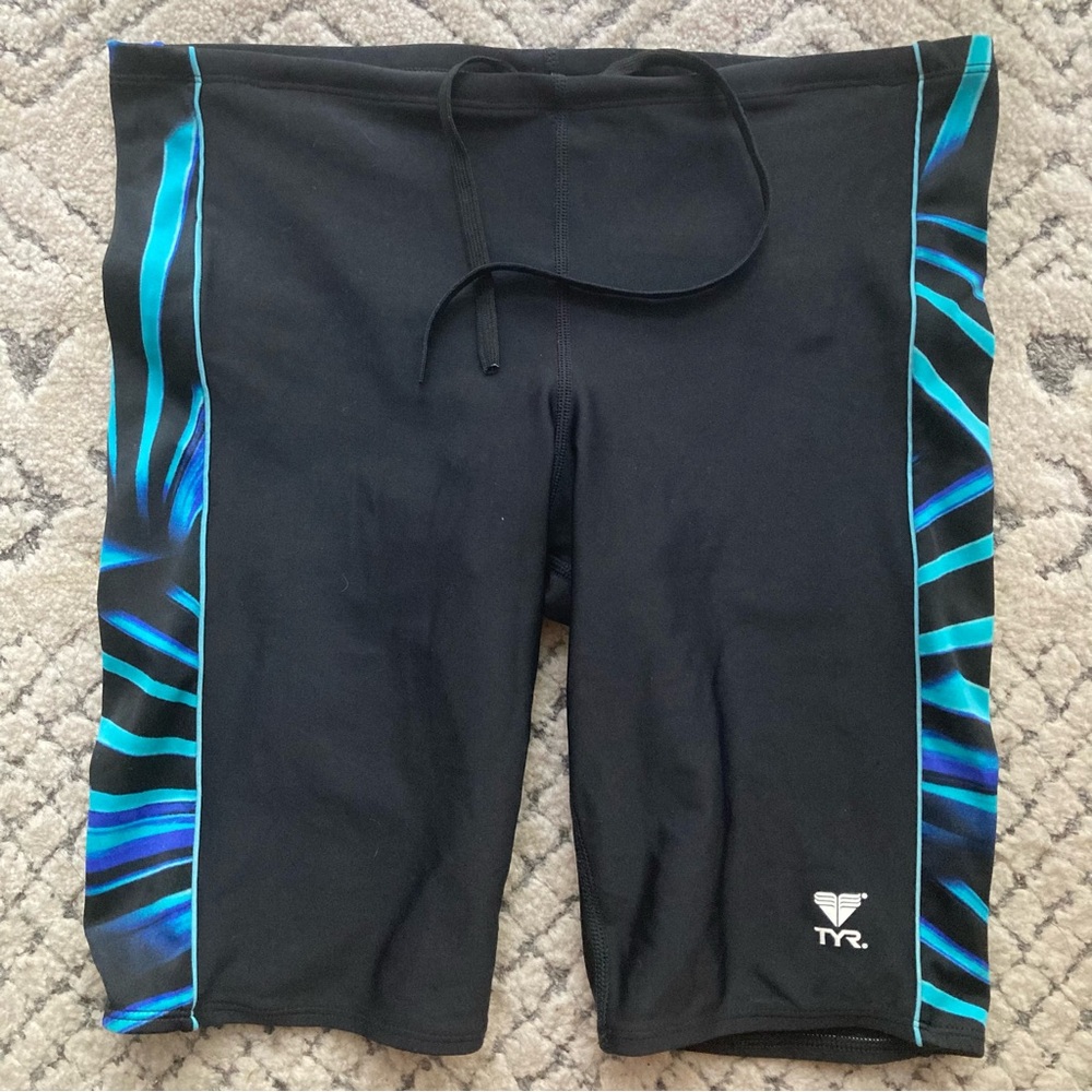 TYR Men's- 28- Black Swim Trunks with Blue Accents Jammers Black Drawstring